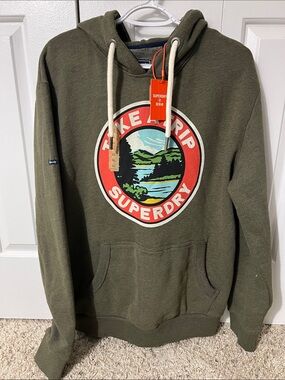Superdry Olive Green Graphic Pullover Hoodie with Red Accent